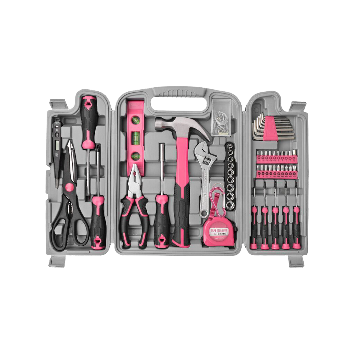 56pcs 핑크 홈 도구 키트 기본 손 도구 상자 수리 여성을위한 완벽한 도구 세트
